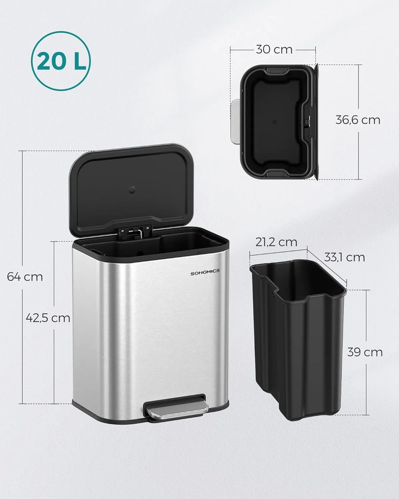 Konyhai szemetes, 20 literes pedálos kuka belső vödörrel, fedéllel, acél