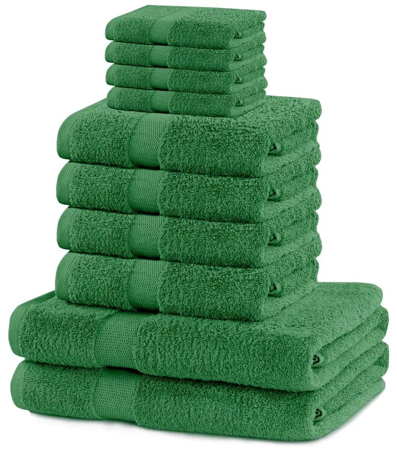 Sötétzöld frottír pamut törölköző és fürdőlepedő készlet 10 db-os Marina – Restilo