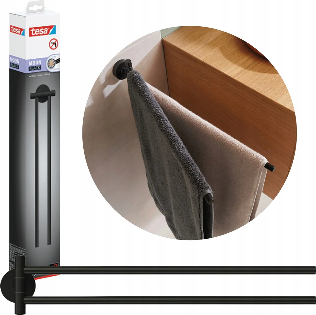 Fürdőszobai törölközőtartó öntapadós Tesa Moon Black Fém