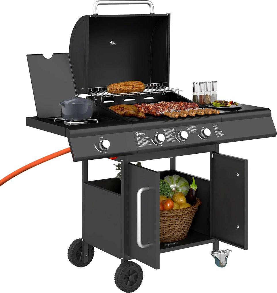 Outsunny 12,2 kW (kb. 41 600 BTU) 3+1 égős gázgrill kocsi, rozsdamentes acél, kerekekkel, oldalsó égővel, hőmérővel, melegentartó rácssal, oldalasztal