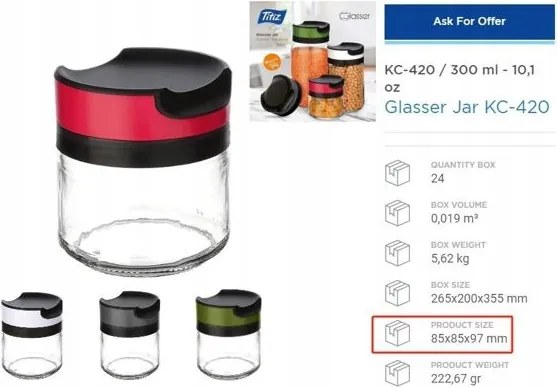 Üveg tároló 300 ml színes fedéllel