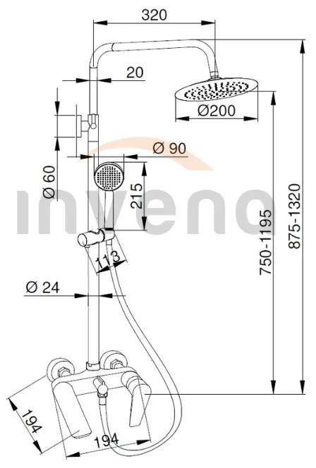 Invena Dokos, karos kád/zuhanycsaptelep fej feletti esőzuhannyal 20cm, fekete matt, INV-AU-19-B04-V