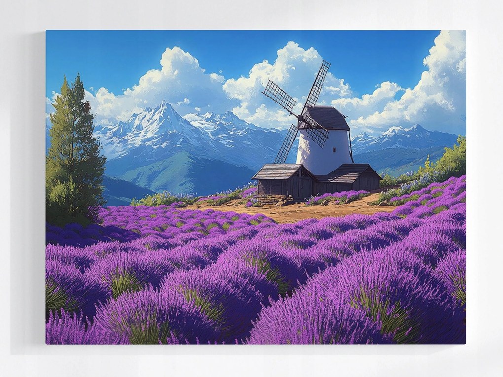 Poszter Tájkép Hegyek Mező Levendula Szélmalom 80x60