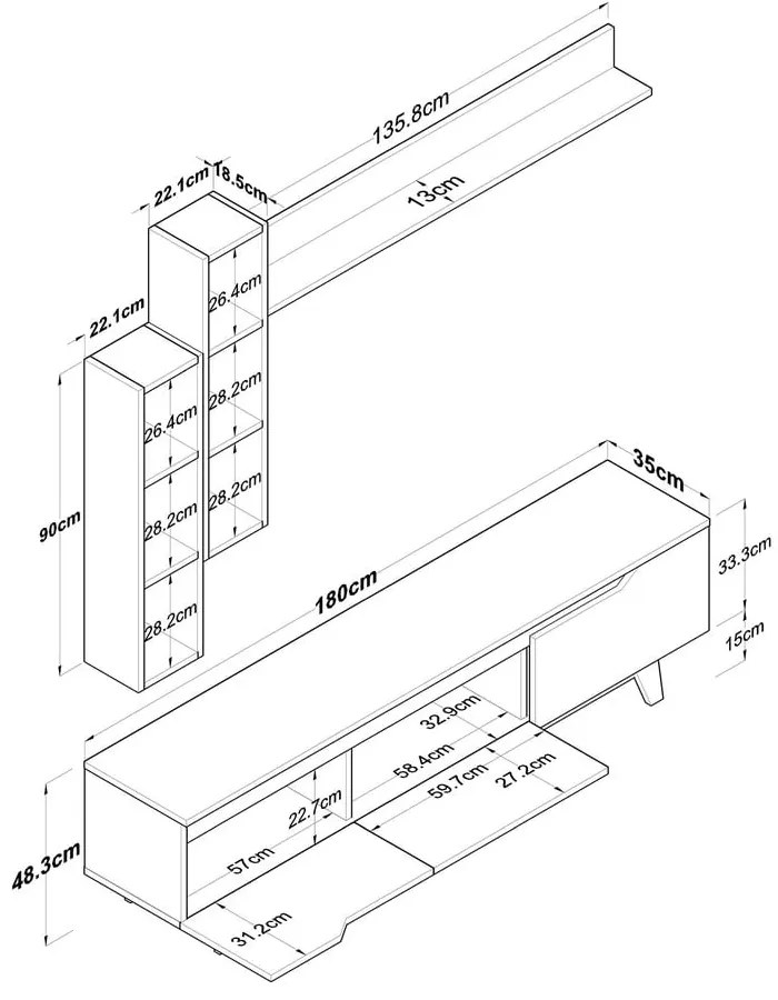 Fehér-natúr színű nappali bútor szett diófa dekorral 180x49 cm Linh – Kalune Design