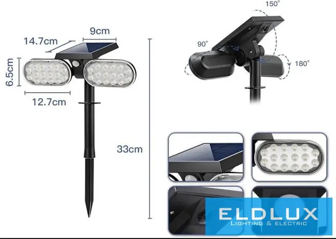 UNIVERSO Solar lámpa PIR 5V 2w 200lm 6500k IP65 fekete