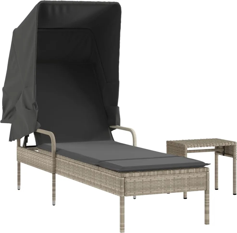vidaXL világosszürke polyrattan napozóágy tetővel és asztallal