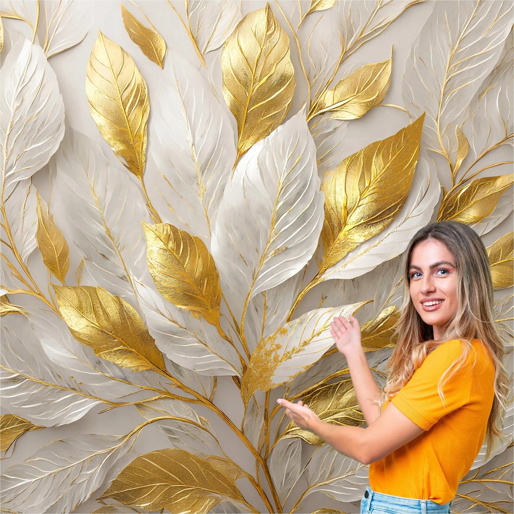 Fotótapéta Nappali Hálószoba Levelek Absztrakt Arany Bézs 490x260 LAZB10W