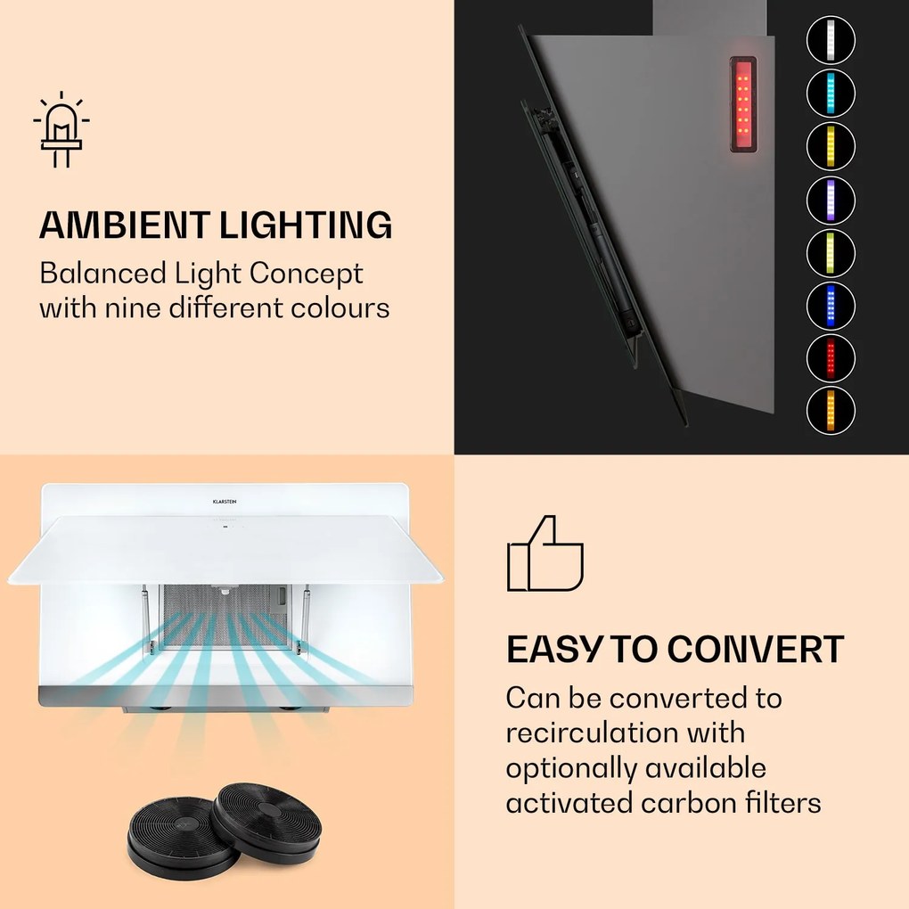 Klarstein Aurora Eco 90, páraelszívó, 550 m³/ó, 90 cm, kéményes páraelszívó, háttérvilágítás, A+