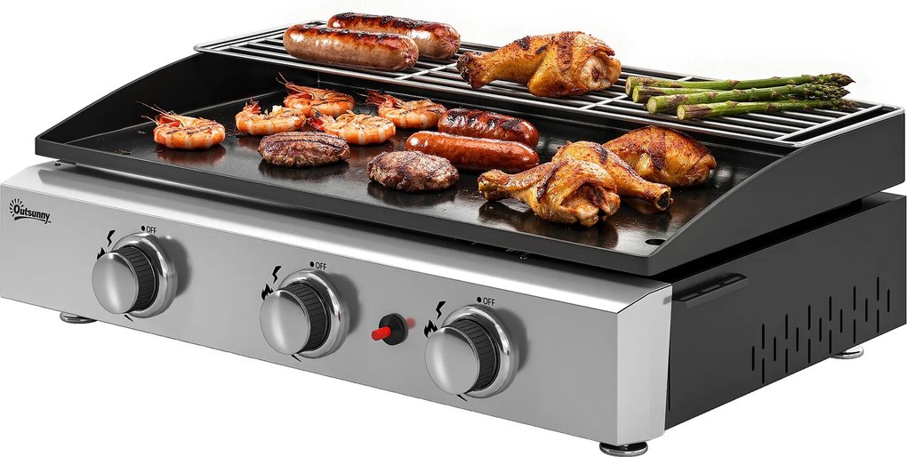 Outsunny hordozható asztali gázgrill, 7,5 kW – 3 égős kerámia sütőlappal, rozsdamentes melegentartó rácssal, levehető zsírtálcával | Aosom