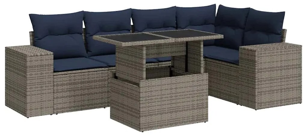 6 részes fekete polyrattan akácfa kerti ülőgarnitúra párnákkal