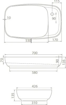 CeraStyle NEW NOVA - PULTRA ültethető - Top Counter - mosdó rejtett leeresztővel - 70 x 42 cm