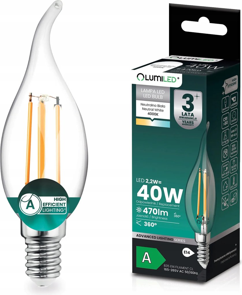 Led Izzó E14 Filament Class A 2,2W 470LM 40W 4000K 360° Díszgyertya