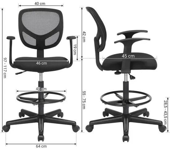 Ergonomikus irodai szék kartámaszokkal, magas forgó szék 55-75 cm ülésmagasság, Fekete