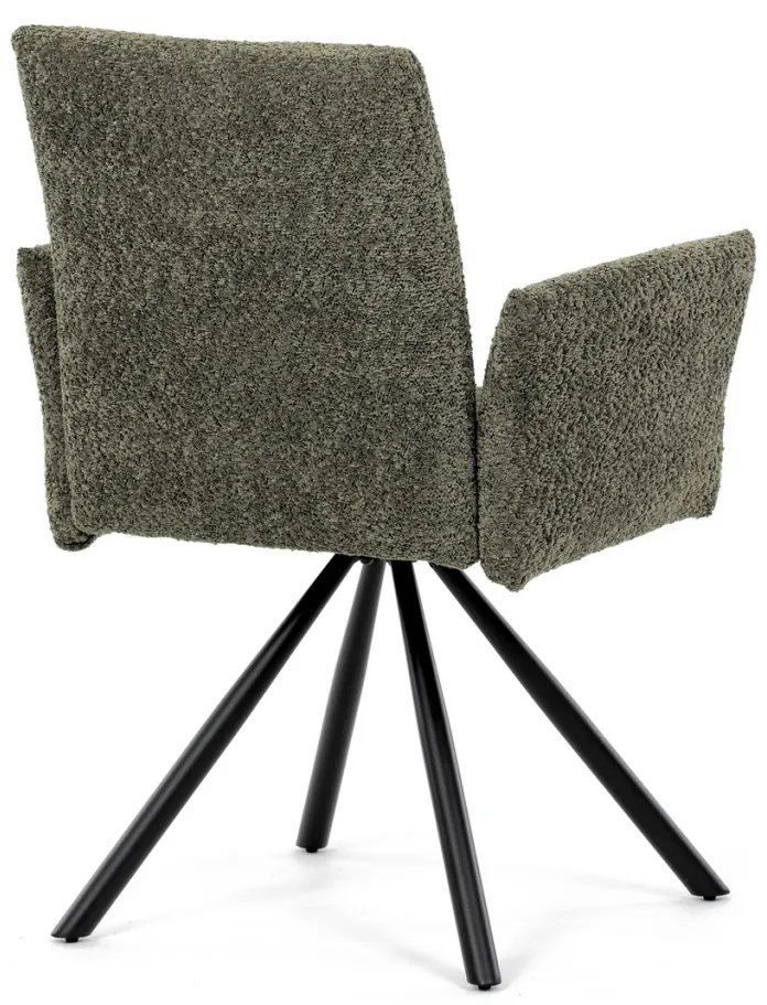 Scaun de sufragerie pivotant / Fotoliu de sufragerie, țesătură vintage verde, picioare din metal negru, mecanism de rotire 90°/90° (stânga/dreapta) - funcție de resetare
