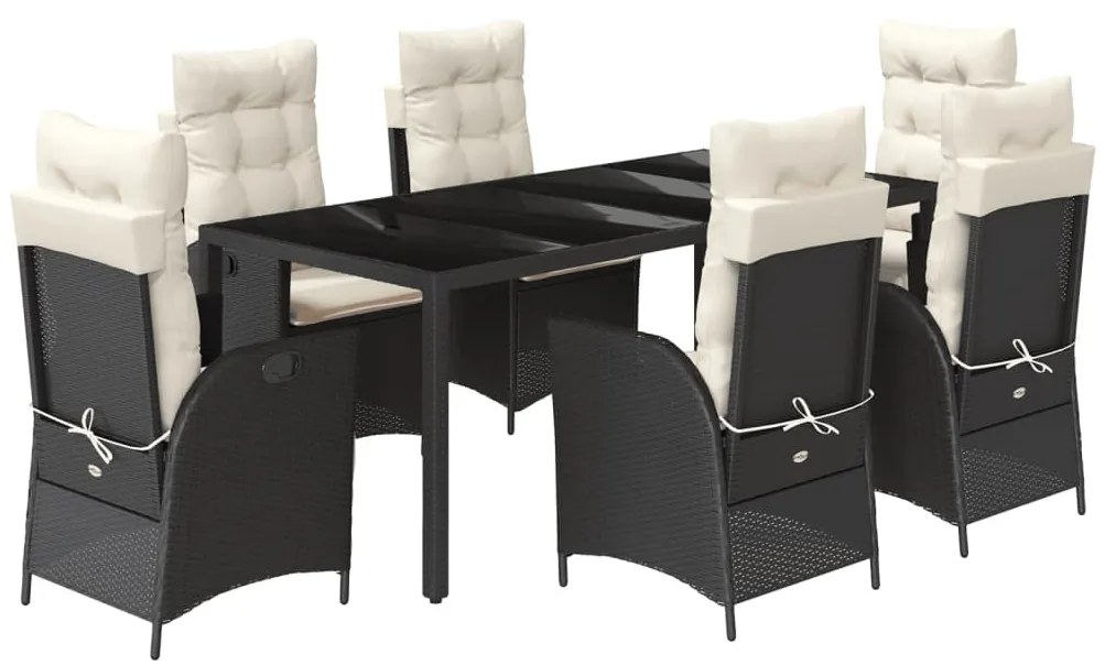 7 részes fekete polyrattan kerti étkezőgarnitúra párnával
