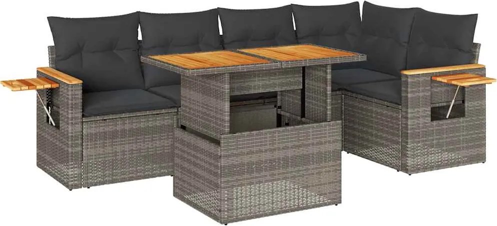 vidaXL 6 részes szürke polyrattan akácfa kerti ülőgarnitúra párnákkal