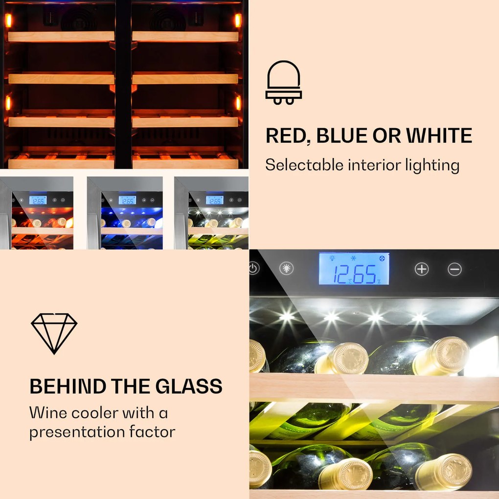 Klarstein Vinovilla Duo 42, 2 zónás borhűtő, 126 liter, 42 palack, 3 színű LED világítás, üvegajtó