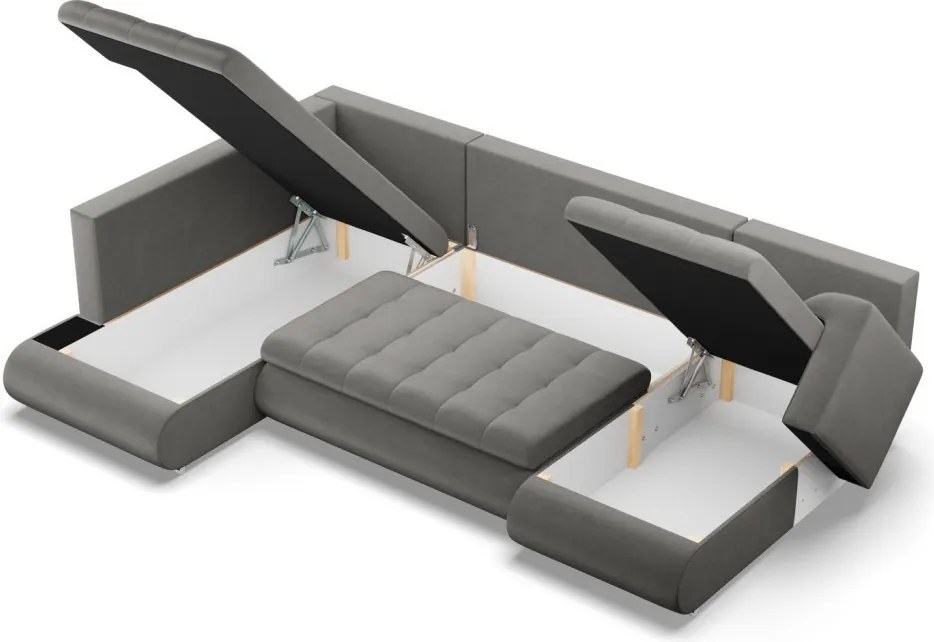 Tokio U sarokkanapé, 3 ágyneműtartóval, bársony, baloldali, világosszürke