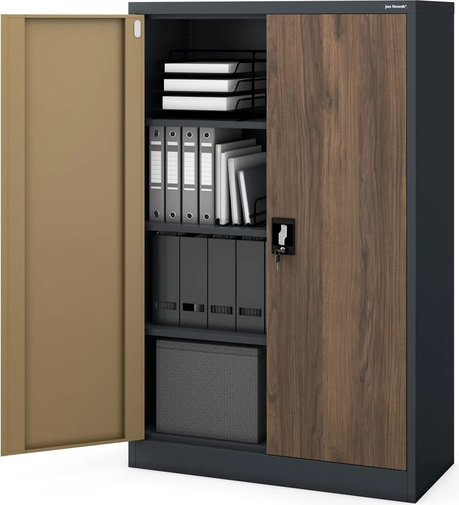 Alacsony fém irodai szekrény 3 polccal, antracit/dió, 900x1400x400 mm: KEVIN Eco Design