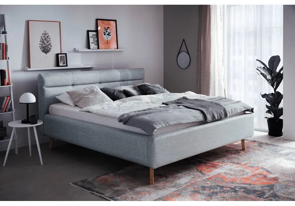 Kék kárpitozott franciaágy tárolóhellyel és ágyráccsal 180x200 cm Lotte - Meise Möbel