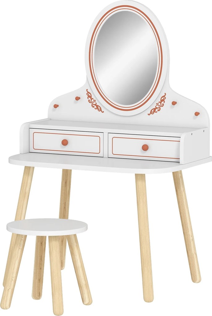 AIYAPLAY gyerek sminkasztal ülőkével és tükörrel — fiókos, akasztós készlet lányoknak, 3–8 éves korig — fehér | Aosom