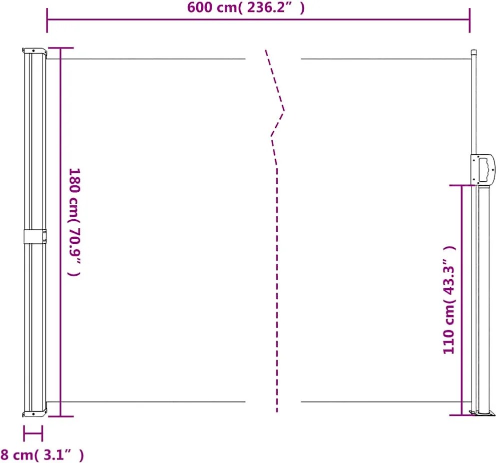 Tópszínű behúzható oldalsó napellenző 180 x 600 cm