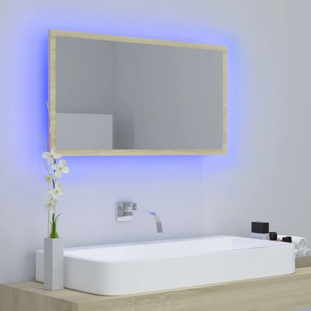 sonoma-tölgy akril LED-es fürdőszobai tükör 80x8,5x37 cm