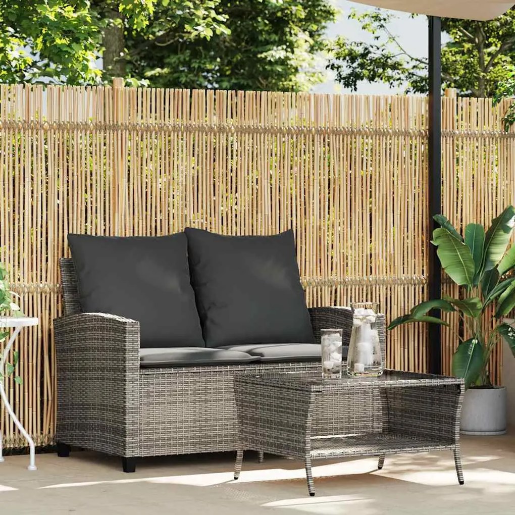 2 személyes szürke polyrattan kerti kanapé asztallal&amp;párnával