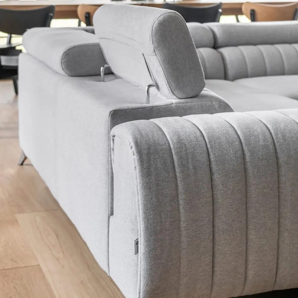 Világosszürke kinyitható-tárolóhelyes sarokkanapé (jobb oldali-U alakú) Louis – ELTAP