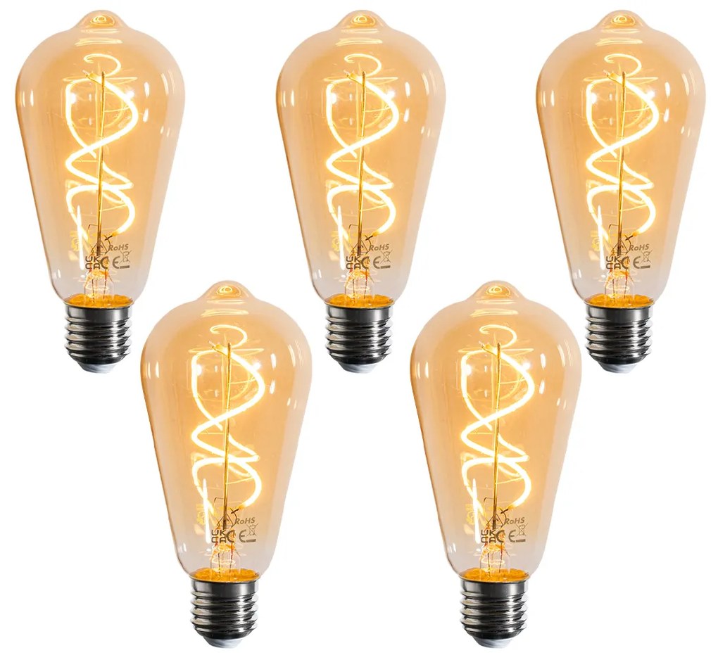 5 darabos E27 dimmelhető LED izzókészlet spirál szál ST64 arany 4W 270 lm 2100K