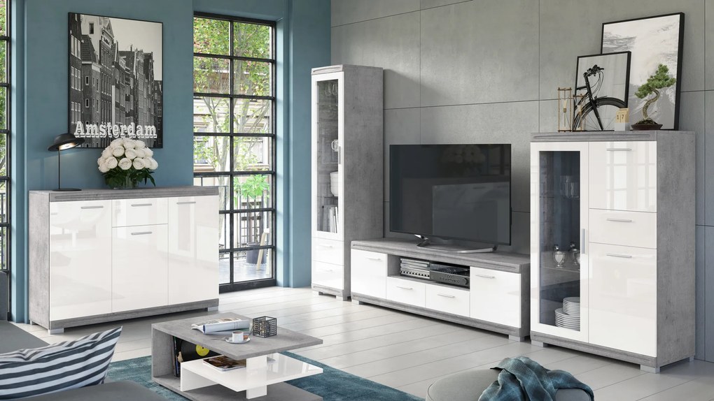 Mazzoni SIMPLE D2SZ2 TV-állvány Millenium Beton/Fehér Fényes - TV-ÁLLVÁNY KOMÓD NAPPALIBA FÉNYES