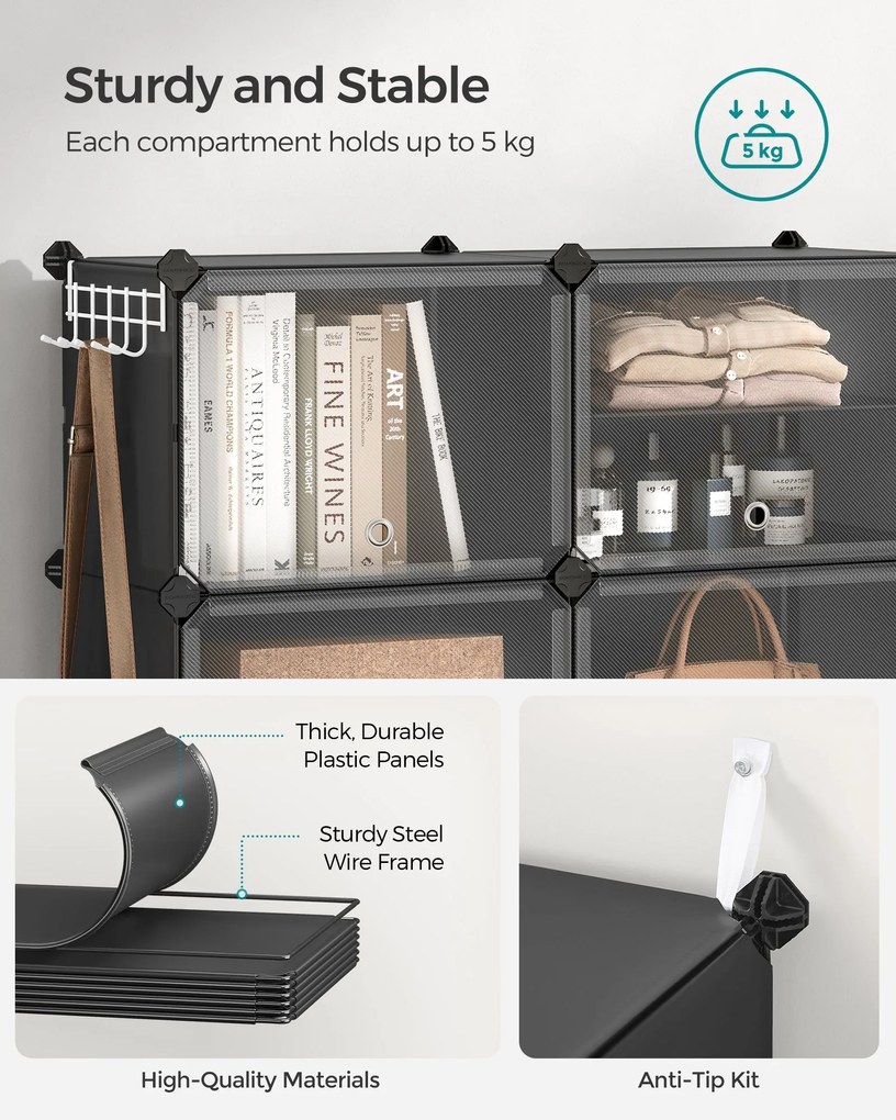 Összekapcsolható cipőtartó, 10 rekeszes műanyag cipőszekrény, fekete