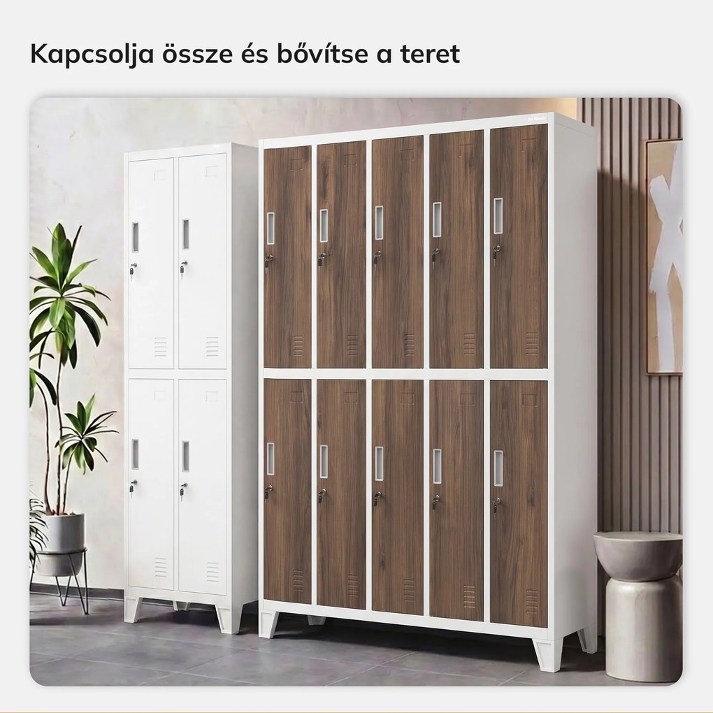 Munkavédelmi öltözőszekrény, 10 ajtós, fehér/dió, 1360x1720x450 mm: BARTEK Eco Design
