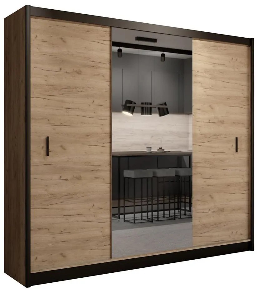 MIRO gardróbszekrény tükörrel 250x215 cm, craft tölgy/fekete