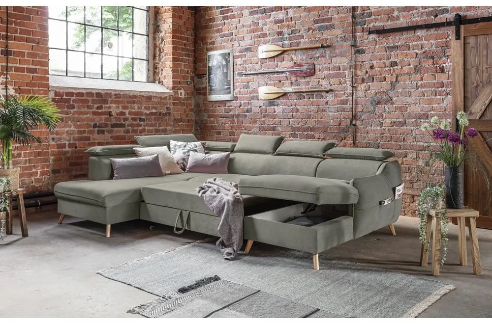 Világosszürke bársony kinyitható sarokkanapé (bal oldali-"U" alakú) Sweet Harmony – Miuform