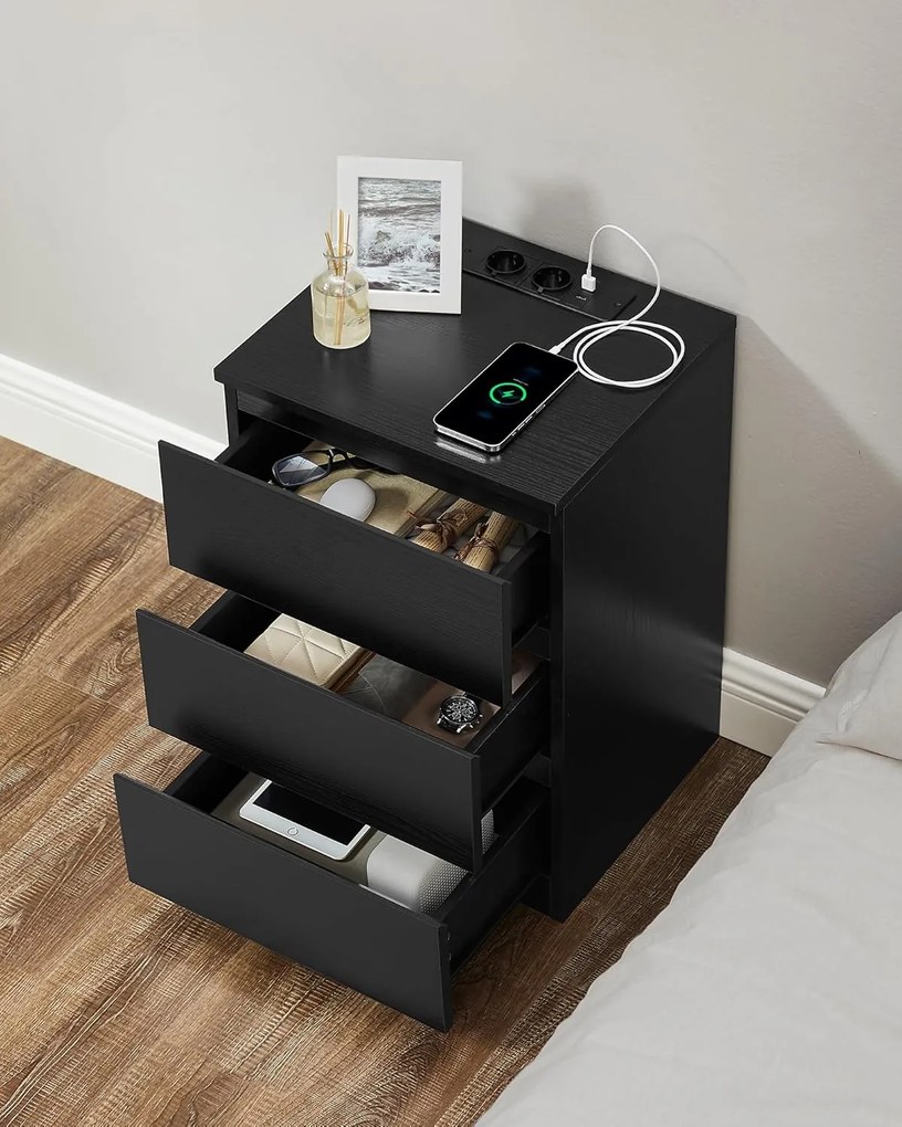 Éjjeliszekrény 2 darabos szett, 2 hálózati aljzattal és 2 usb-porttal, fekete színben