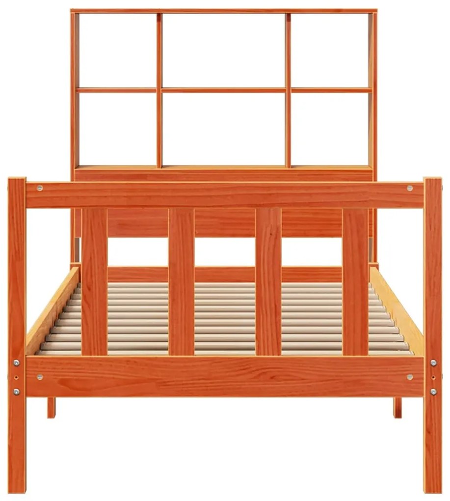 barna tömör fenyőfa könyvespolcos ágy matrac nélkül 90 x 190 cm