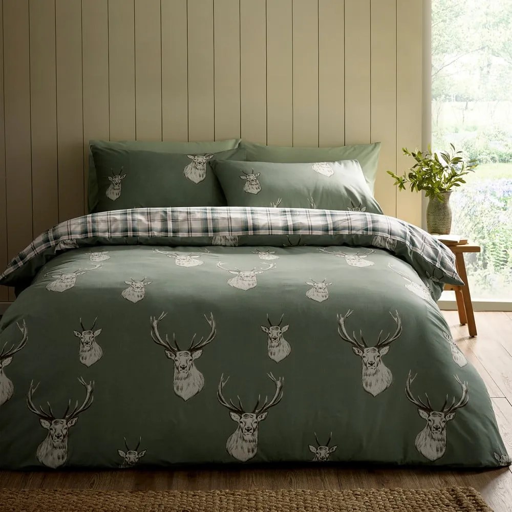 Zöld kétszemélyes ágyneműhuzat 200x200 cm Stag Check – Catherine Lansfield