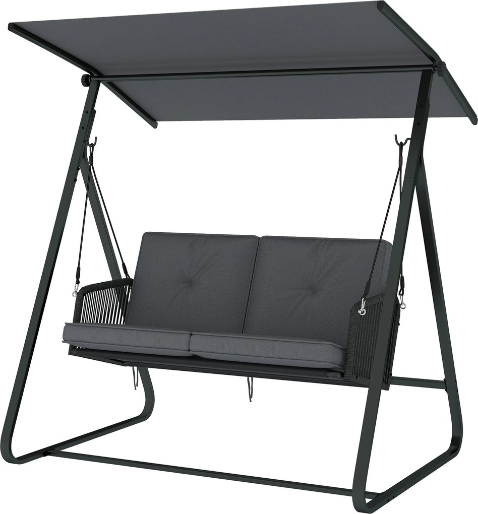 Outsunny 2 személyes rattan Hollywood-hinta állítható napellenzővel és puha párnákkal, A-tartó — Teherbírás 240 kg — 150 x 128 x 168 cm — Sötétszürke