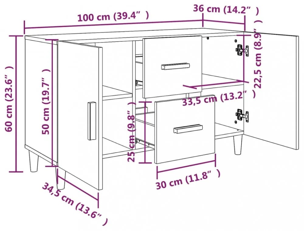 füstös tölgy színű szerelt fa tálalószekrény 100 x 36 x 90 cm