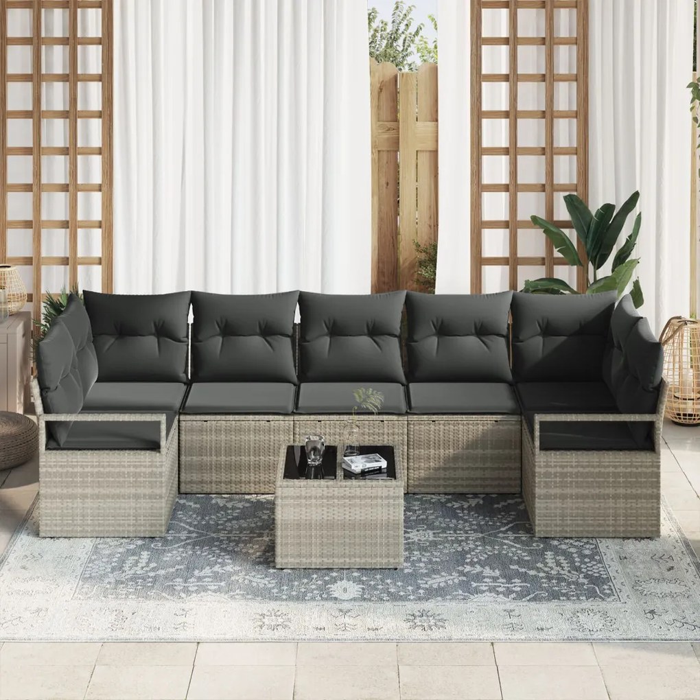 8 darabos Kerti Sofa Szett Párnákkal Világosszürke Poli Rattan, 2-Fős Kerti Sofa Tárolóval és Párnákkal Szürke Poli Rattan