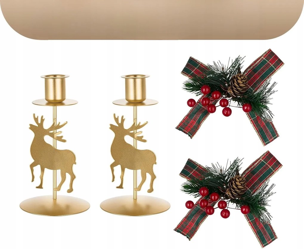 Gyertyatartók Karácsonyi Asztaldísz Szarvas Motívum Arany 2 Db Nád