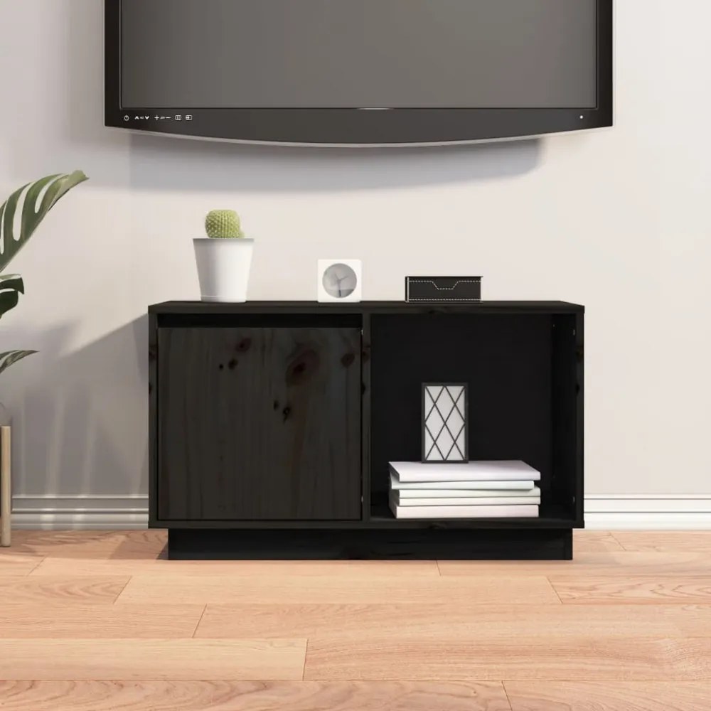 fekete tömör fenyőfa TV-szekrény 74x35x44 cm