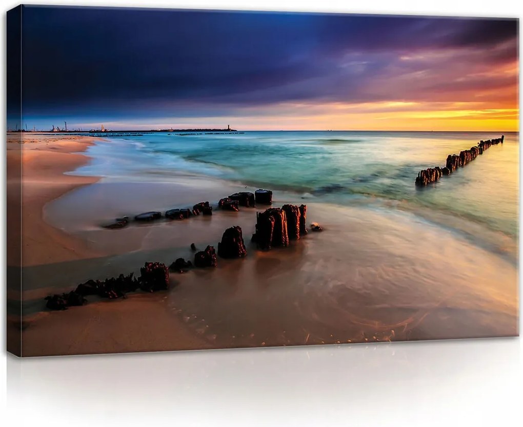 Vászonkép 70x50 Hajnal tenger tengerpart hullámok ég felhők nyugalom természet szépség