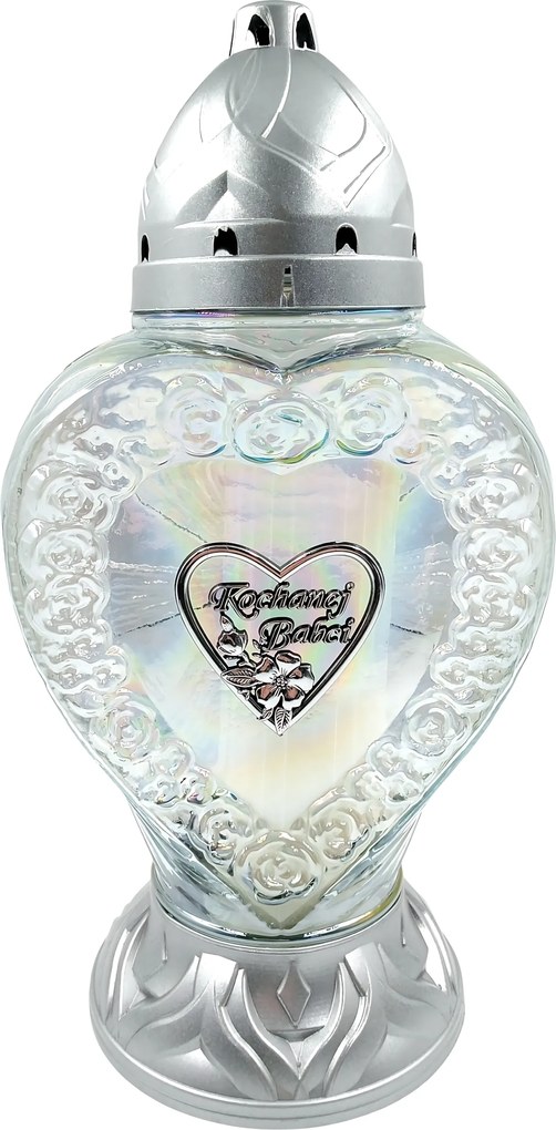 Üveg Síremlék Mécses Kedves Nagymama Szíve 36cm Gyöngyház Ezüst Utántöltő