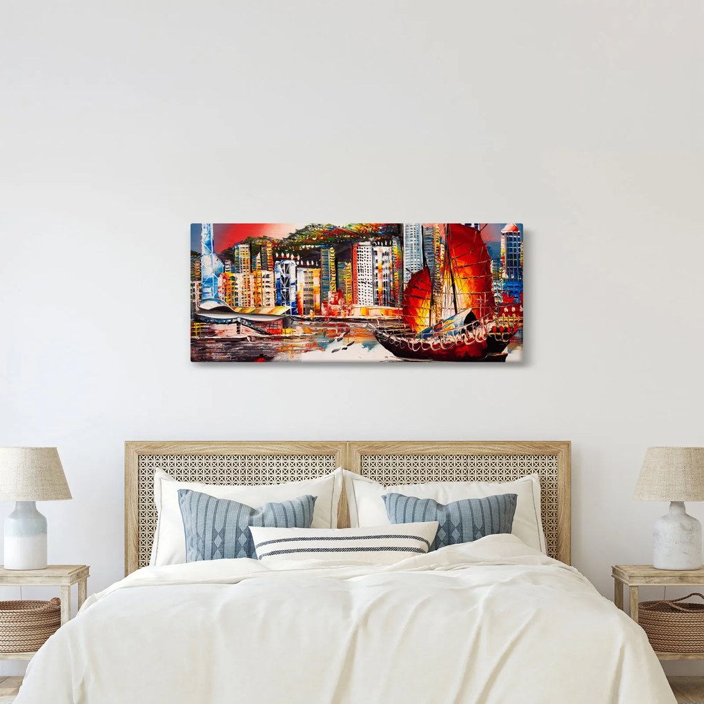 Kép - Victoria Harbour, Hong Kong, olajfestmény (120x50 cm)