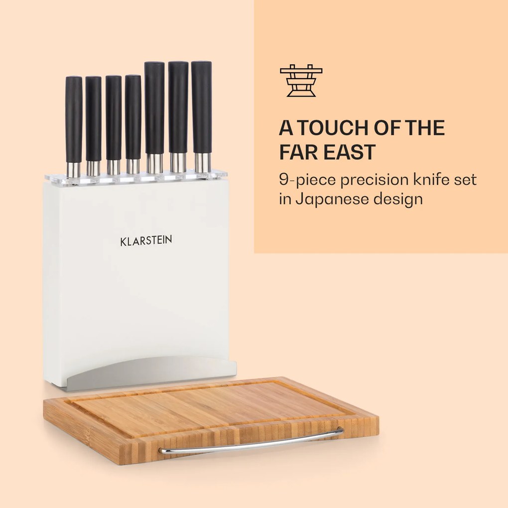 Klarstein Kitano Plus, késkészlet, 9 darabos, faállvány, bambusz vágódeszka, fehér