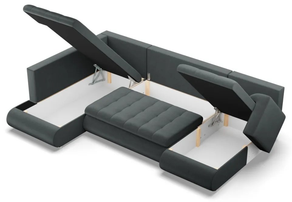 Tokio U sarokkanapé, 3 ágyneműtartóval, bársony, baloldali, szürke