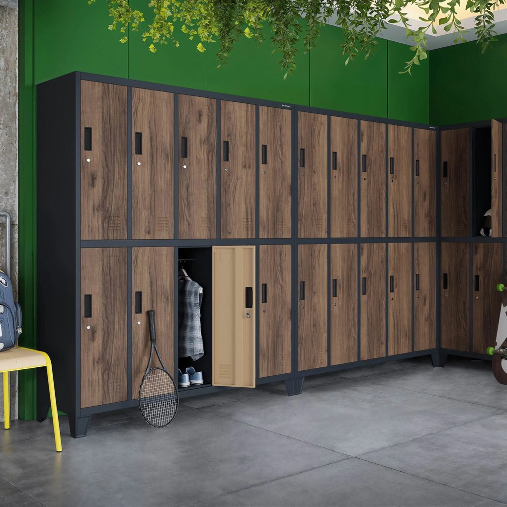 Pléh öltözőszekrény lábakon, 10 rekeszes BARTEK, 1360 x 1720 x 450 mm, Eco Design: antracit/ dió