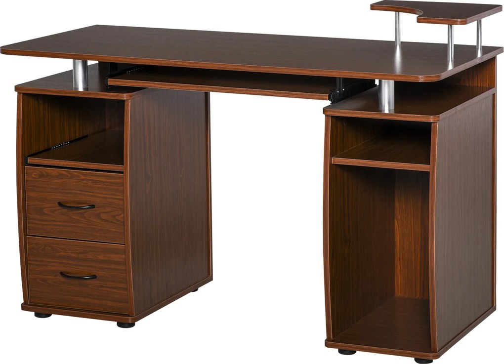 HOMCOM 120 cm-es számítógépasztal, irodai asztal több polccal, 2 fiókkal, billentyűzettartóval és CPU tartóval 120x55x85 cm Barna | Aosom